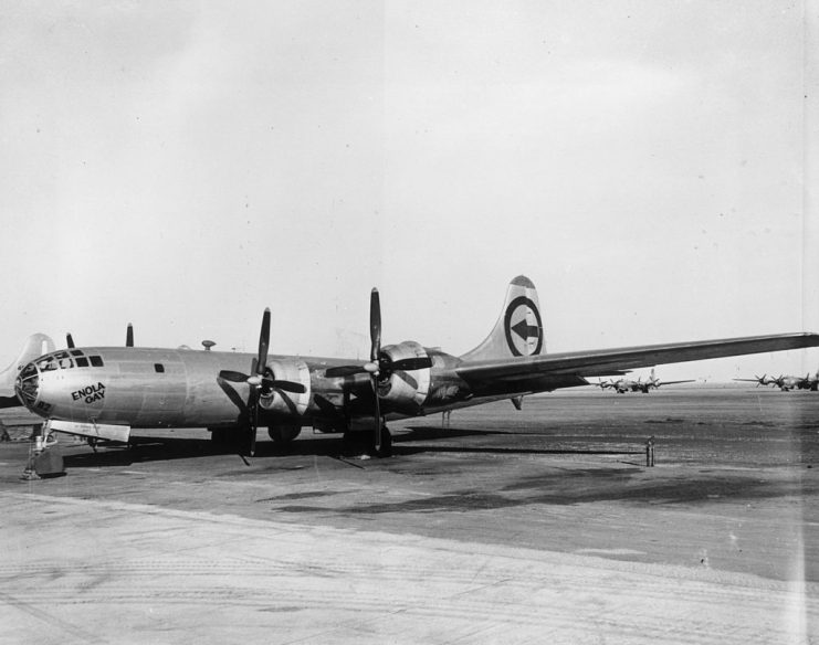circa 1945: The Enola Gay, the B-29 bomber which dropped the first atomic bomb on Hiroshima during World War II. (Photo by Keystone/Getty Images)