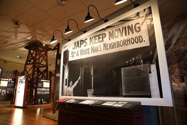 A photograph is displayed at the Japanese-American Manzanar War Relocation Center at Manzanar