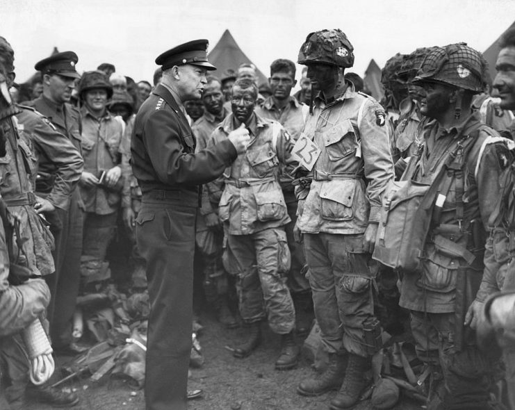 (Original Caption) 6/9/1944-England- General Dwight D. Eisenhower, Supreme Commander of the Allied Expeditionary Forces, gives the order of the day “Full Victory–Nothing Else” to paratroopers somewhere in England.