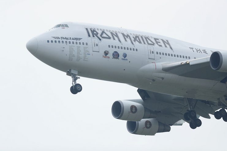Ed Force One, the Boeing 747 passenger plane of British heavy metal rockers Iron Maiden, flies past after taking off while piloted by band singer Bruce Dickinson from the ILA 2016 Berlin Air Show on June 1, 2016 in Schoenefeld, Germany. (Photo by Sean Gallup/Getty Images)