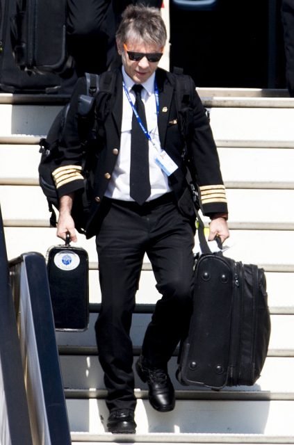 Bruce Dickinson arrives on the private Boeing 747 plane ‘Ed Force One’, at Schiphol Airport in Schiphol on June 6, 2016.(Photo credit  JERRY LAMPEN/AFP via Getty Images)