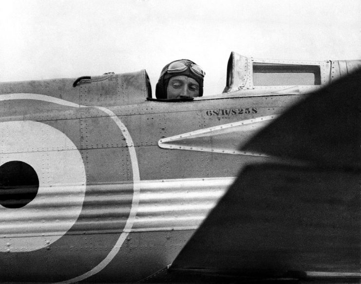 Flight-Lieut D’Arcy Greig, the R.A.F. high speed pilot, is the challenger. He will use a Supermarine Napier S5 seaplane. Flight-Lieut DêArcy Greig in his machine at Calshot. Circa April 1928 P001024 (Photo by WATFORD/Mirrorpix/Mirrorpix via Getty Images)