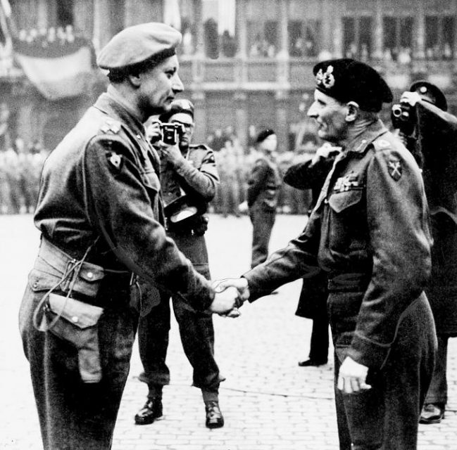 British field Marshall Montgomery saluting major Jean Piron during an official ceremony in Brussels.