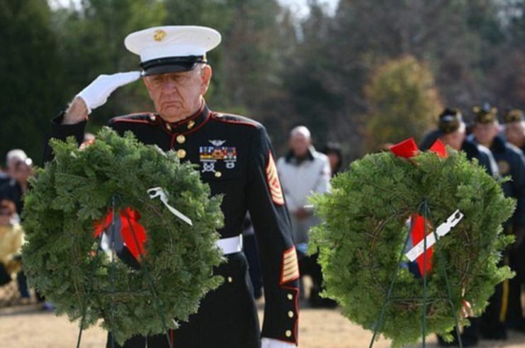 The two men served together in Marine Squadron VMO-2 in Vietnam. They flew more than 200 missions together aboard the same Huey helicopter during the conflict in Vietnam. Credit: Bill Cox