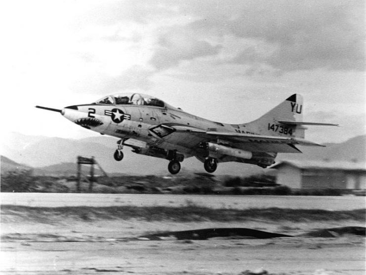 A U.S. Marine Corps Grumman TF-9J Cougar (BuNo 147384) of Headquarters and Maintenance Squadron 13 (H&MS-13) at Chu Lai, Vietnam.