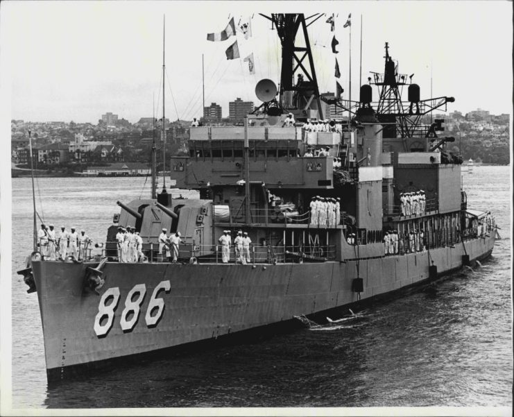 Arrival Of American Destroyer USS Orleck. January 26, 1972. (Photo by Antony Matheus Linsen/Fairfax Media via Getty Images).