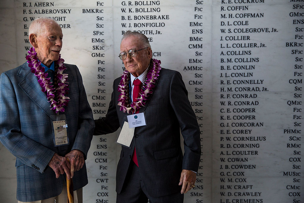 PEARL HARBOR, HAWAII - DECEMBER 07:  U.S.S. Arizona survivors John Anderson and Donald Stratton during a memorial service for the 73rd anniversary of the attack on the U.S. naval base. Photo by Kent Nishimura/Getty Images
