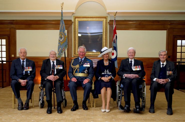 LONDON, ENGLAND – SEPTEMBER 17: Prince Charles, Prince of Wales and Camilla, Duchess of Cornwall with Battle of Britain veterans (L-R) Wing Commander Tim Elkington, Squadron Leader Geoffrey Wellum, Wing Commander Tom Neil and Wing Commander Paul Farnes during a reception following a service marking the 77th anniversary of the Battle of Britain at Westminster Abbey on September 17, 2017 in London, England. GETTY.