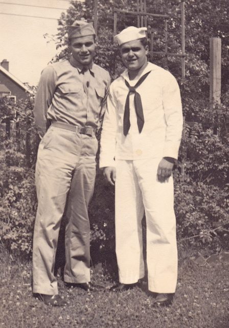 Joe Garagiola, left, is pictured in uniform at his family’s home in St. Louis alongside his brother, Mickey, who served in the U.S. Navy. Courtesy of Steve Garagiola