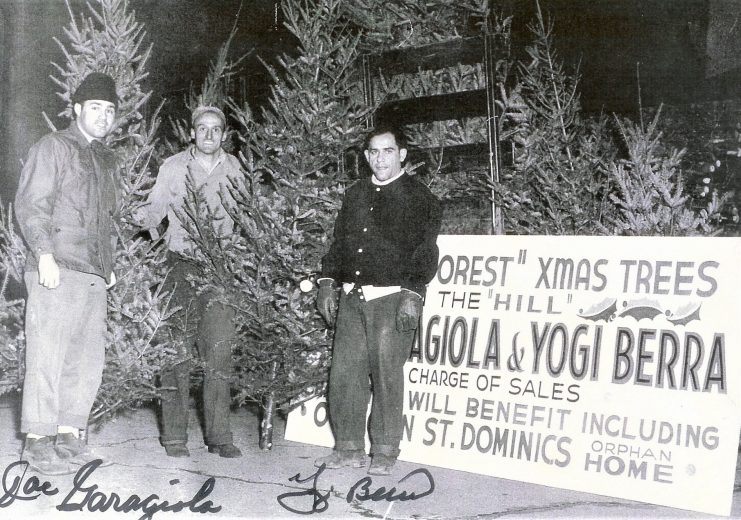 St. Louis Cardinals catcher Joe Garagiola, left, and Yankees catcher Yogi Berra, right, returned to their native “The Hill” in St. Louis during the baseball offseason in 1947 to help sell Christmas trees for a local charitable organization. Courtesy of Steve Garagiola