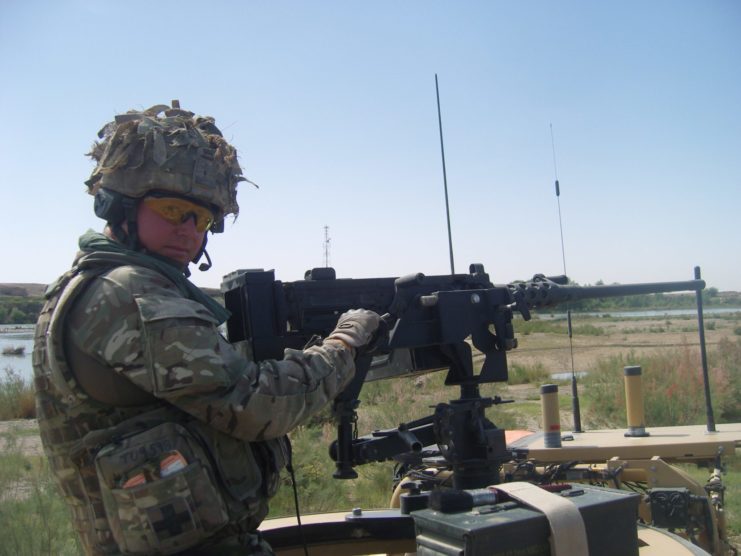 A .50 calibre machine gun mounted on a Jackal.