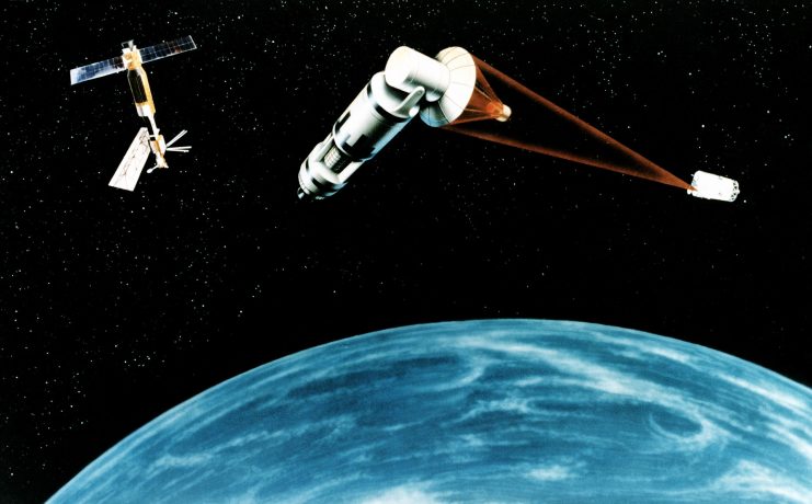 The 1984 SDI concept of a space based Nuclear reactor pumped laser or a chemical hydrogen fluoride laser satellite.
