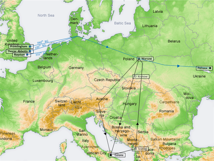 WW2 Air routes used for the airlift. Black: Allied flights from Italy. Black broken line: Later egress routes used back to Italy. Blue: USAAF route. Farawayman CC BY-SA 3.0