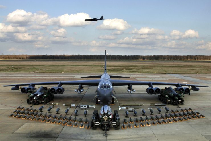 The B-52 with approximately 70,000 lbs (31,500 kg) mixed ordnance — bombs, smart weapons, mines and missiles. Modified to carry air-launched cruise missiles and Miniature Air Launched Decoy.