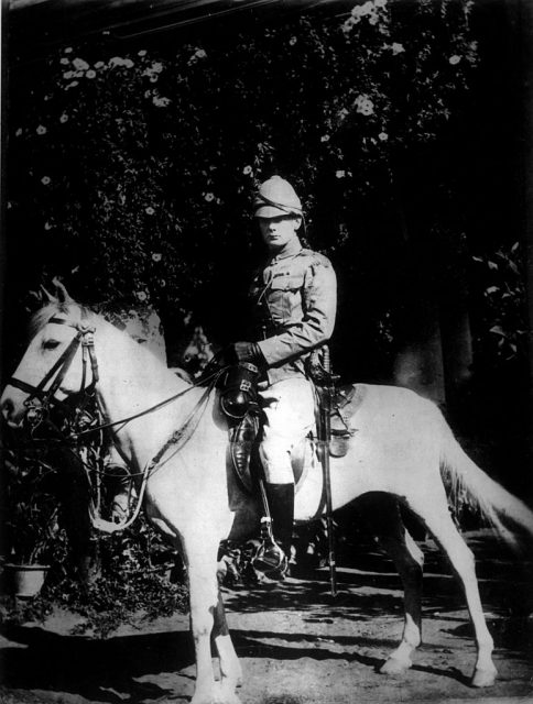 Officer of the Hussars and future British Prime Minister Winston Churchill posing in the saddle of his horse. India, 1896 (Photo by Mondadori via Getty Images)