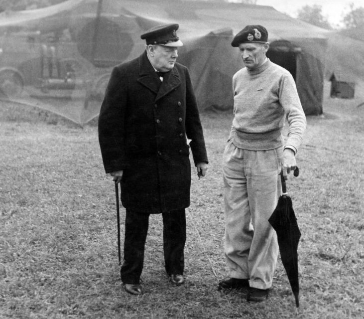 British Prime Minister Winston Churchill meeting with General Bernard Law Montgomery at the British Headquarters. Blay, 21st July 1944 (Photo by Mondadori via Getty Images)