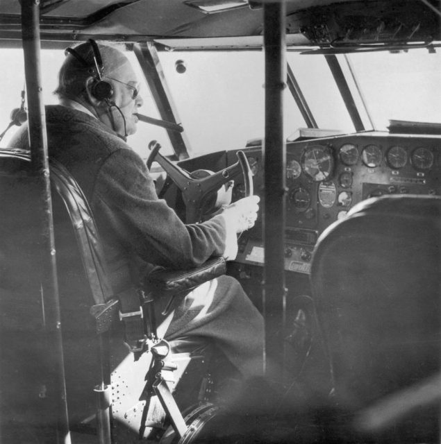 Sir Winston Churchill (1874 – 1965) at the controls of an aeroplane, circa 1950. (Photo by Keystone/Hulton Archive/Getty Images)