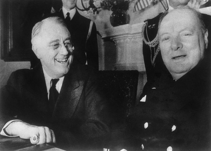 US President Franklin D. Roosevelt (1882 – 1945, left) with British Prime Minister Winston Churchill (1874 – 1965) at the White House, Washington DC, December 1941. (Photo by Keystone/Hulton Archive/Getty Images)