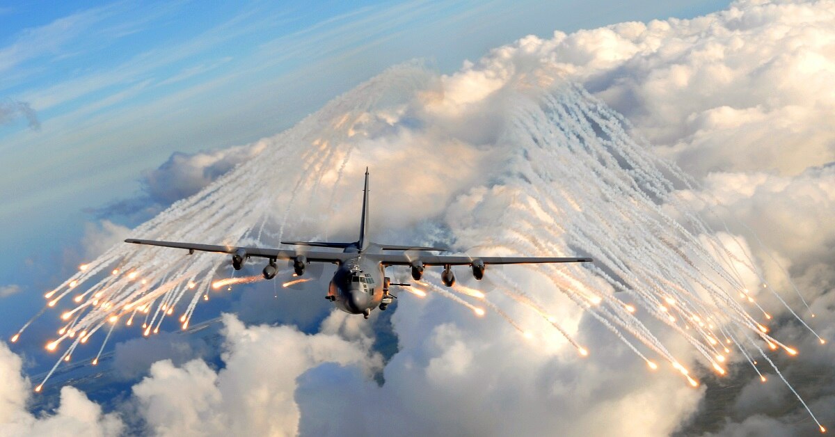 An AC-130U Spooky Gunship from the 4th Special Operations Squadron jettisons flares over an area near Hurlburt Field, Florida, on August 20, 2008. (Air Force)