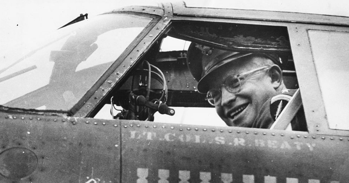 General Eisenhower in the cockpit of a bomber during a visit to the Ninth Air Force in England, April 1944. (Photo by Keystone/Hulton Archive/Getty Images)
