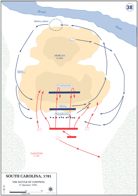 Battle of Cowpens January 17, 1781. Right flank (cavalry) of Lt. Col. William Washington and (left flank) of the militia returned to enfilade