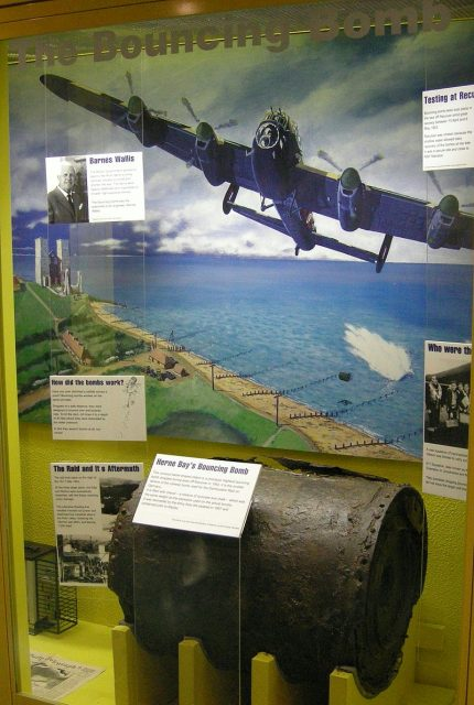 Dam Busters bouncing bomb exhibit at Herne Bay Museum and Gallery. Prototype highball bouncing bomb tested off Reculver in 1943. Retrieved by the Army in 1997.Photo: Storye_book CC BY 3.0