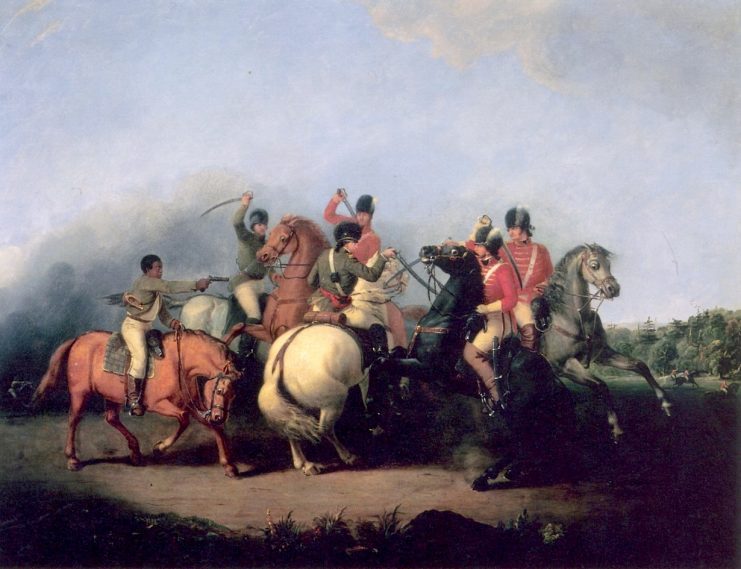 The Battle of Cowpens, painted by William Ranney in 1845. The scene depicts an unnamed black soldier (left) firing his pistol and saving the life of Colonel William Washington (on white horse in center).