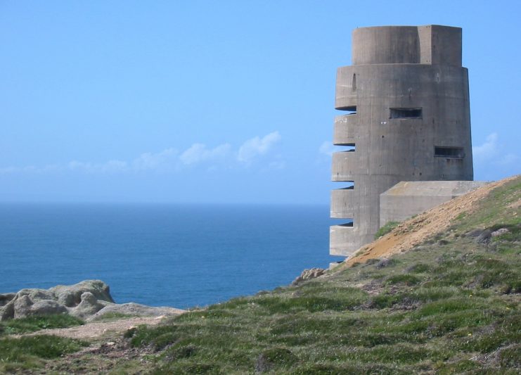 As part of the Atlantic Wall, between 1940 and 1945 the occupying German forces and the Organisation Todt constructed fortifications round the coasts of the Channel Islands such as this observation tower at Battery Moltke.