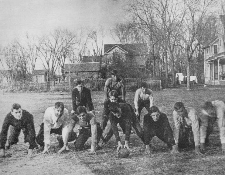Future general and US President, Dwight D. Eisenhower (1890 – 1969, second from right) with his team during a backyard football practice in Abilene, Kansas, circa 1908. (Photo by FPG/Archive Photos//Getty Images)