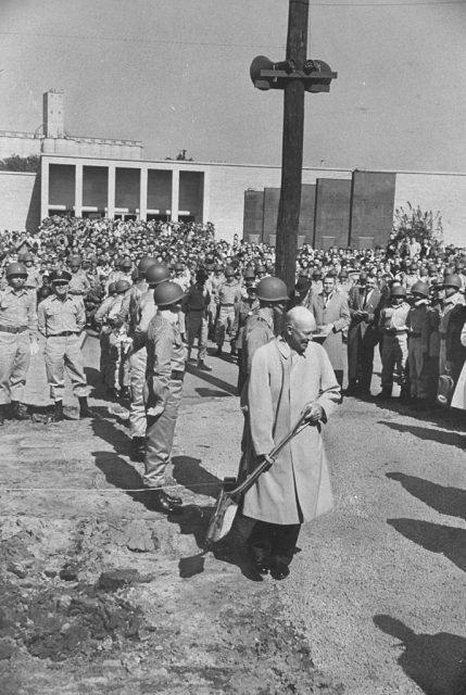 President Dwight D. Eisenhower (center) standing at ground breaking ceremony for new library. (Photo by Paul Schutzer/The LIFE Picture Collection via Getty Images)