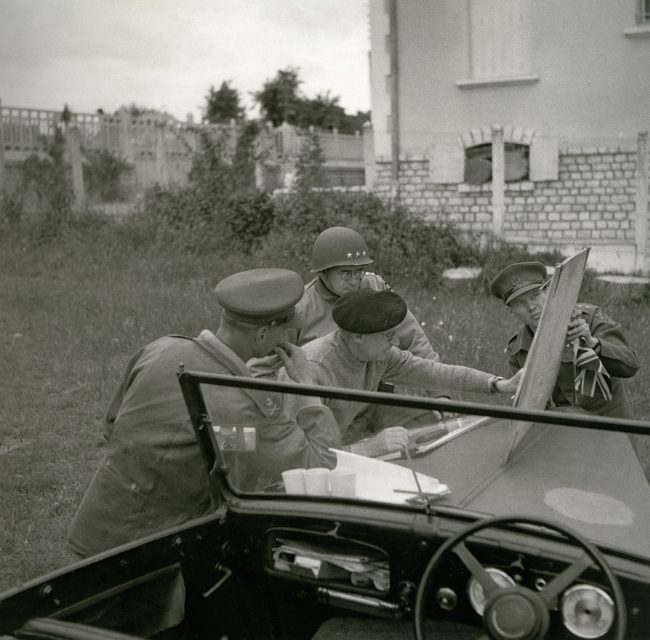 World War II. Invasion of Normandy (France). From left to right: Miles Dempsey (1896-1969), Bernard Montgomery (1887-1976) and Omar Nelson Bradley (1893-1981). In June 1944. (Photo by adoc-photos/Corbis via Getty Images)