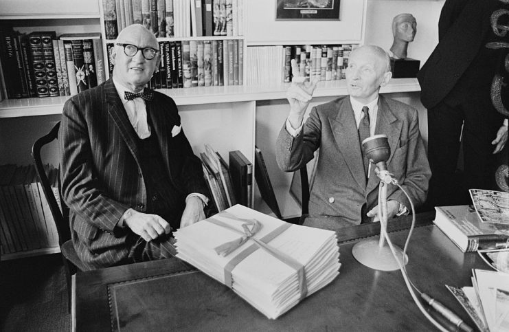 Bernard Law Montgomery, 1st Viscount Montgomery of Alamein (1887 – 1976) (right) hands his new manuscript ‘History of Warfare’ to book publisher George Rainbird (1905 – 1986), 27th April 1967. (Photo by Express/Hulton Archive/Getty Images)
