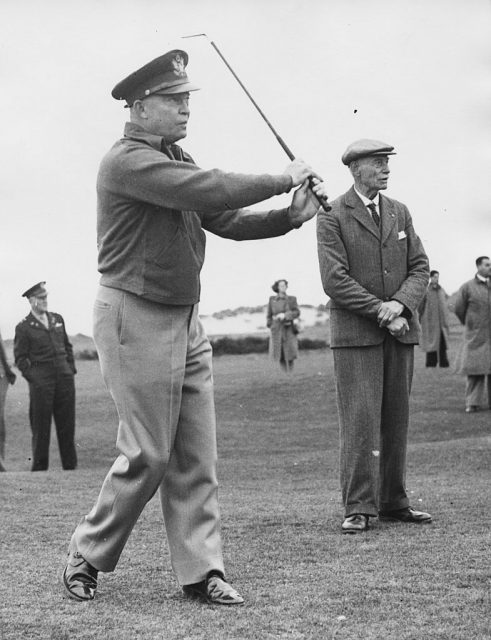 General Dwight Eisenhower playing golf, on the 16th green of The Royal and Ancient Golf Club of St Andrews, Scotland October 10th 1946. (Photo by Central Press/Hulton Archive/Getty Images)