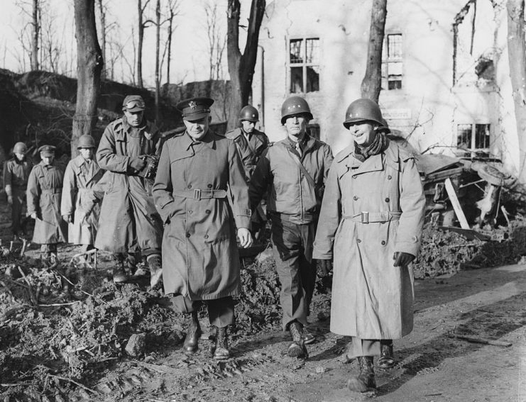 General Dwight Eisenhower and his party at the Citadel of Julich, with Generals Simpson and McLain, Germany, March 5th 1945. (Photo by Keystone/Hulton Archive/Getty Images)