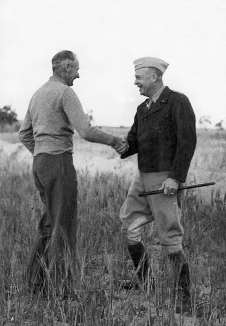 General Eisenhower, Commander in chief of the Allied armies in North Africa , flew by plane to visit General Bernard Montgomery at his tactical headquarters to congratulate him on his recent successes with the 8th Army. April 1943 (Photo by Daily Mirror Archive / Crown/Mirrorpix/Mirrorpix via Getty Images)