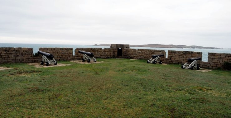 The Garrison Walls Walk on St Mary’s Isles of Scilly. UK. A World War II pill box built into the old defensive walls at Woolpack Battery.