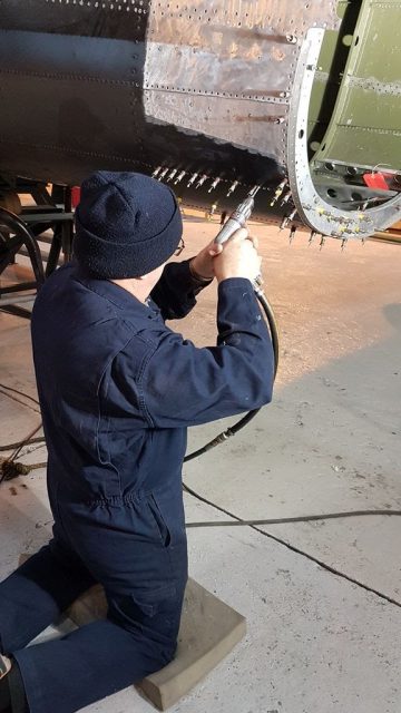 Transfering holes from the skins to the new intercostals. Photo: Lincolnshire Aviation Heritage Centre