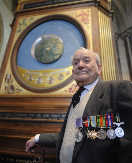 Terry Clark from Wheldrake near York, a former air gunner during the Battle of Britain, stands next to the Astronomical Clock memorial in York Minster. (Photo by Anna Gowthorpe – PA Images/PA Images via Getty Images)