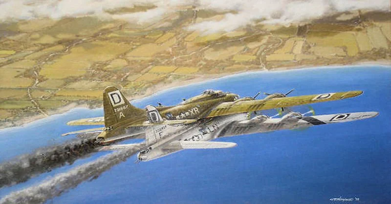 The B-17 was in trouble. As one of his brave flyers went down, Rojohn kept formation by taking its place. 