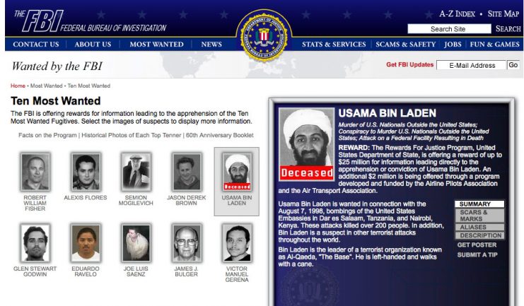 Website of the Federal Bureau of Investigation listing bin Laden as deceased on the Most Wanted List on May 3, 2011