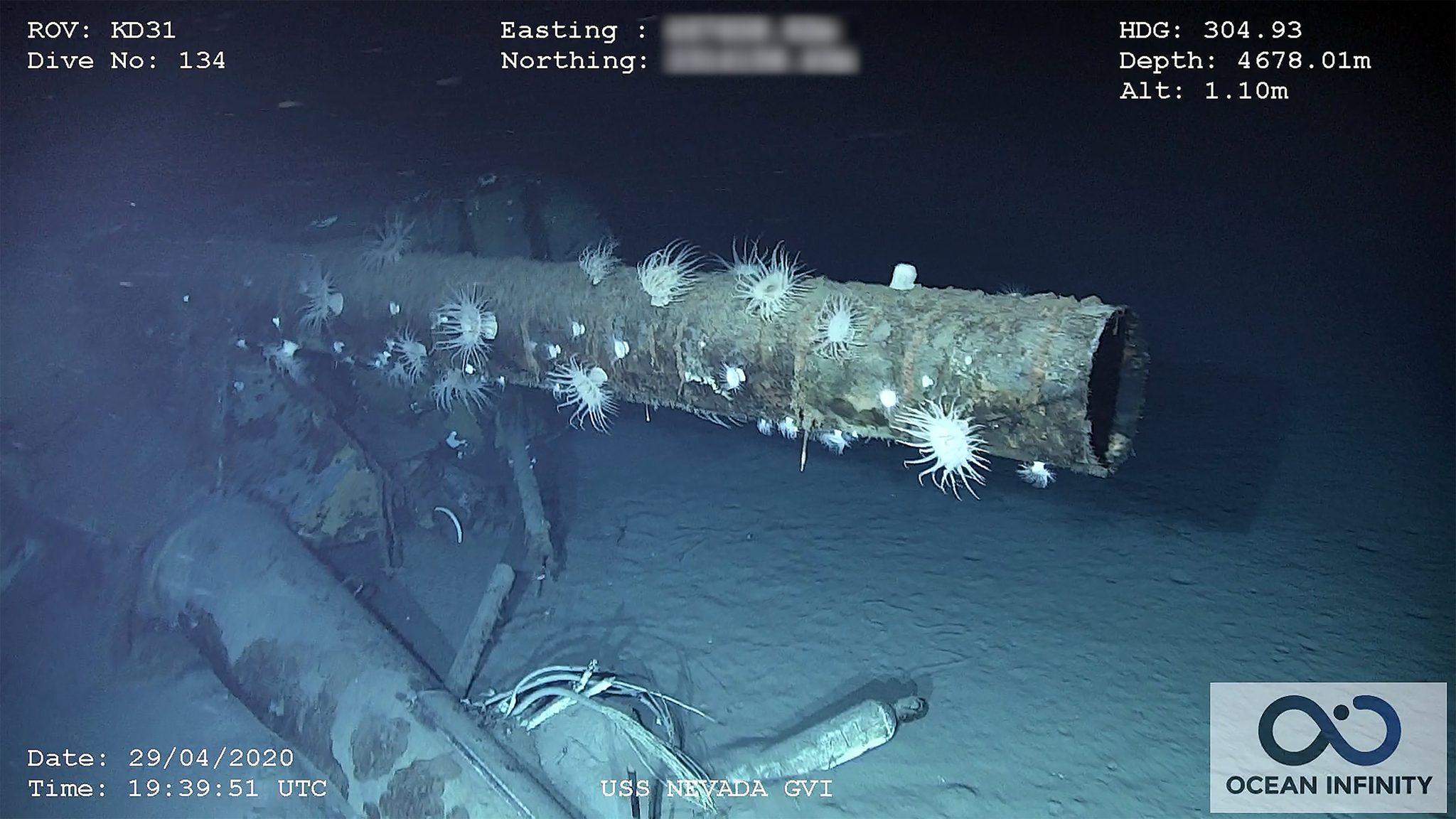 This is the top of the mast
that once towered more than a hundred feet over Nevada’s deck. Ocean Infinity/SEARCH Photo