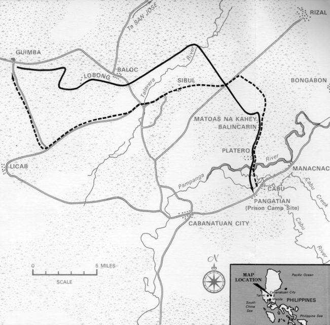 Map of the routes taken by the US Rangers in their Raid at Cabanatuan