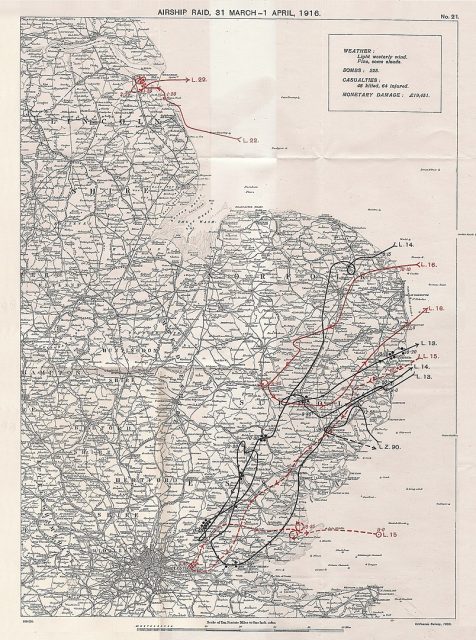 Ordnance Survey map of Airship raid 31 March-1 April 1916 on England