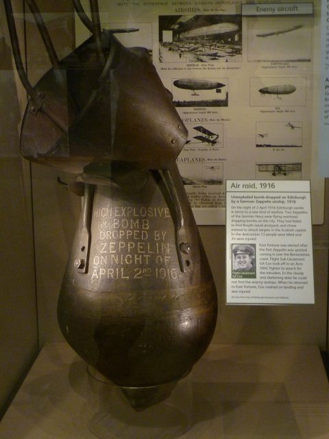 Zeppelin bomb dropped on Edinburgh, displayed at the National Museum of Flight. Photo: Kim Traynor / CC BY-SA 3.0