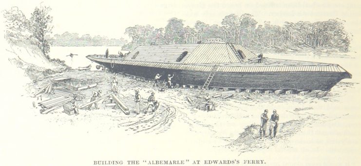 The Confederate ironclad CSS Albemarle under construction at Edward’s Ferry.