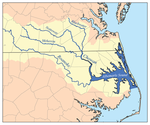 This is a map of eastern portion of the Chowan/Roanoke watershed, showing the Chowan, Meherrin, Nottoway and Blackwater rivers as well as Albemarle Sound