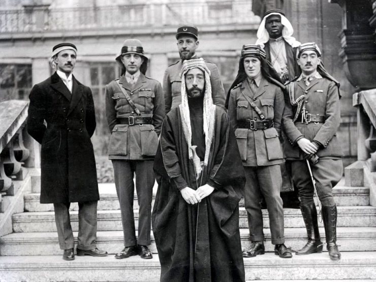 Paris Peace Conference of 1919; left to right: Rustum Haidar, Nuri al-Said, Prince Faisal (front), Captain Pisani (rear), Lawrence, Faisal’s servant (name unknown), Captain Hassan Khadri