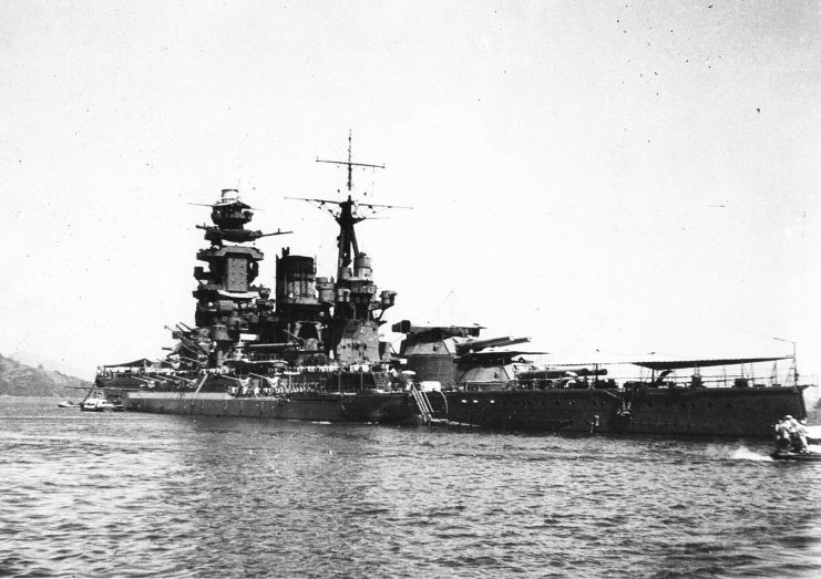 Rear oblique view of Nagato at anchor in Kure, August 1942