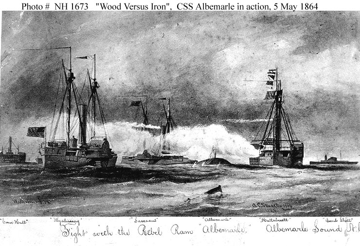 The encounter at Albemarle Sound, May 5, 1864. From left to right are USS Commodore Hull, USS Wyalusing, USS Sassacus, CSS Albemarle, USS Mattabesett and CSS Bombshell