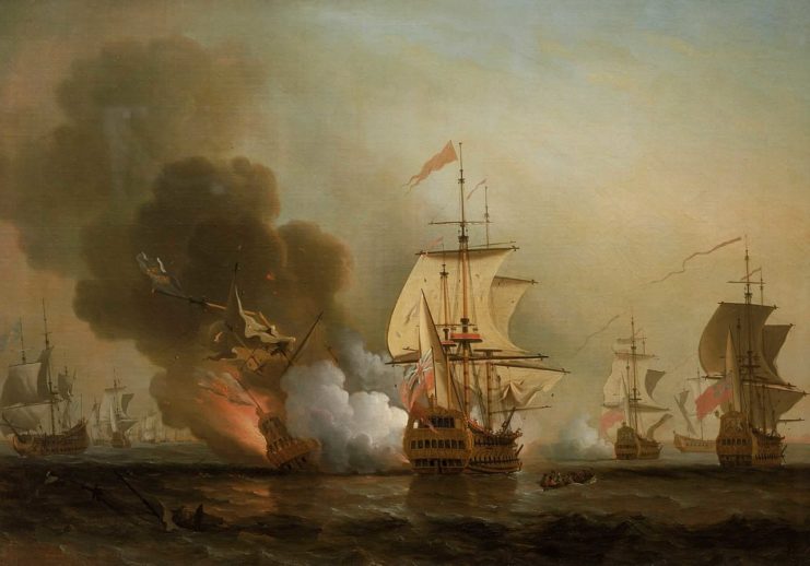 Explosion of San José during Wager’s Action. Oil on canvas by Samuel Scott